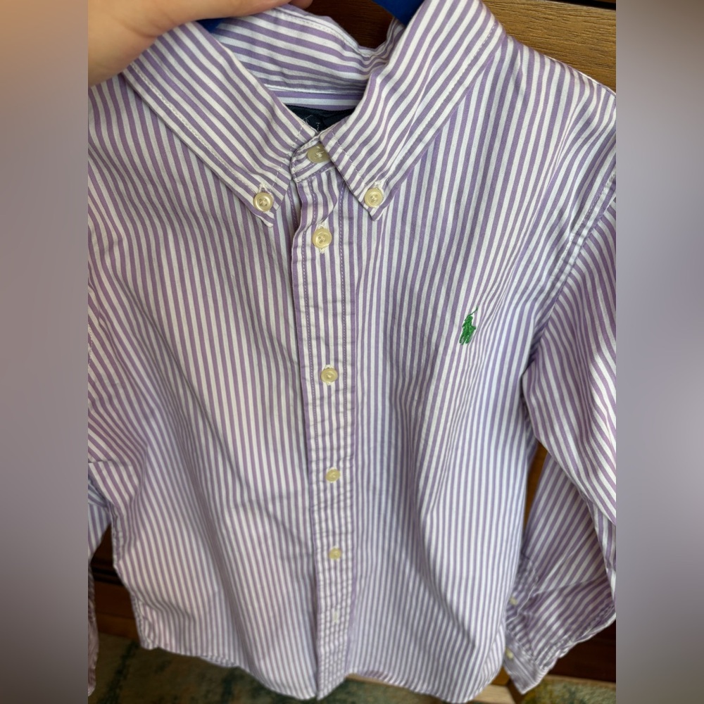 Ralph Lauren Cotton Shirt Boys Purple Striped Long Sleeve Button Classic Size 5 - Picture 2 of 10